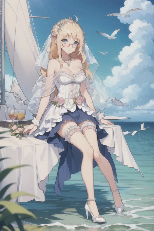 Hood \(warship girls r\),((masterpiece)),(((best quality))),((ultra-detailed)),((illustration)),((disheveled hair)),((frills)),(1 girl),(solo),1girl,ahoge,bare legs,bare shoulders,bird,blue sky,blush,bouquet,braid,breasts,bridal veil,bride,church,cleavage,closed mouth,cloud,cloudy sky,collarbone,curtains,day,dress,earrings,eyebrows visible through hair,flower,full body,hair between eyes,hair ornament,high heels,horizon,jewelry,large breasts,leg garter,looking at viewer,medium breasts,necklace,ocean,off shoulder,outdoors,pink flower,pink rose,red eyes,rose,sitting,sky,smile,solo,strapless,strapless dress,table,thighs,tiara,vase,veil,wedding,wedding dress,white dress,white flower,white footwear,white rose,wind,window,
under-rim eyewear,Blue eyes with highlights,Blonde long hair(delicate eyes),