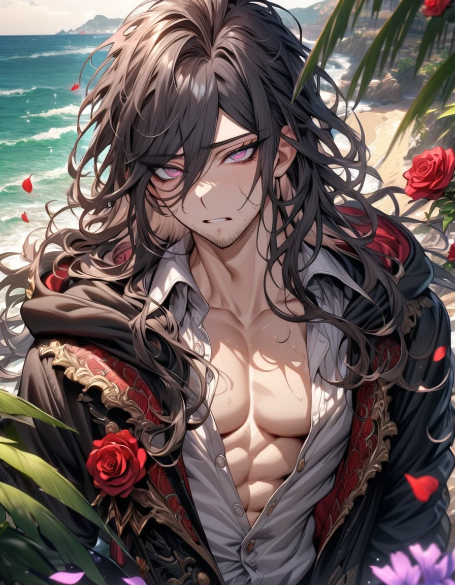 Ultra detailed, HDR, Highres, absurdres, master piece, Towa Haiji, disheveled black hair, long hair, expressive lavender eyes, hair between the eyes, faint stubble, buttoned-up shirt adorned with a detailed red rose pattern, a heavy black hooded jacket with beige fur trimming, Danganronpa, sexy man, handsome, flowers, petals, fantasy, magical, green leaves, handsome, best quality, glittering, sensual, horny, water, beach, solo,