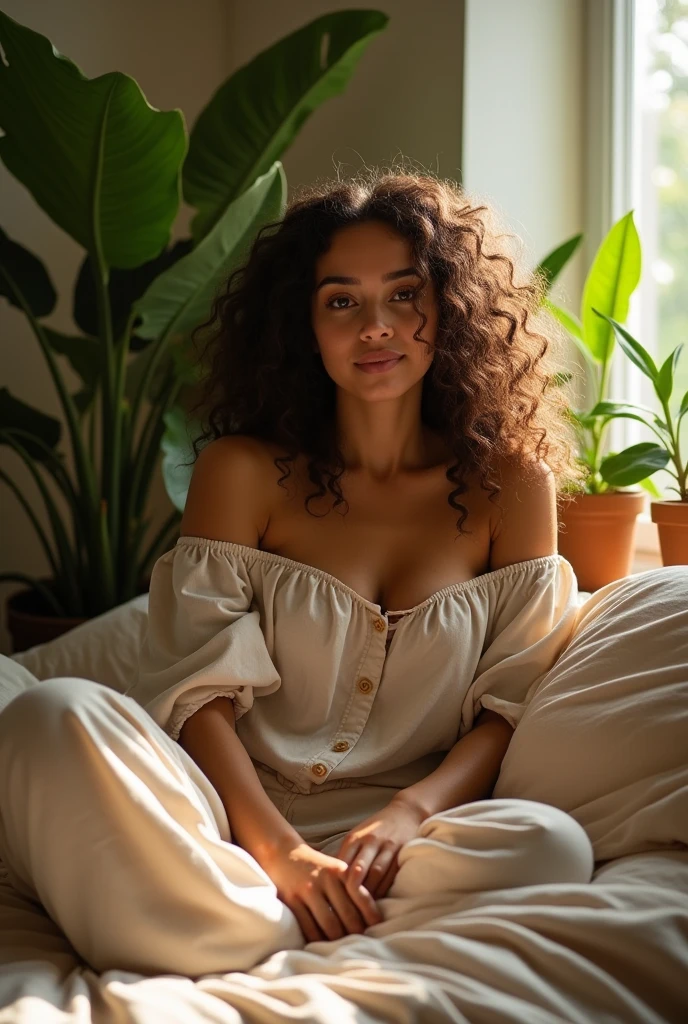 (photorealism:1.2), beautiful woman, sitting on bed, wearing loose off-shoulder top, pajama pants, long curly hair, indoors, soft lighting, plants in background, window with sunlight, cozy room, relaxed pose, realistic, intricate details, warm colors, by Greg Rutkowski, by Alphonse Mucha