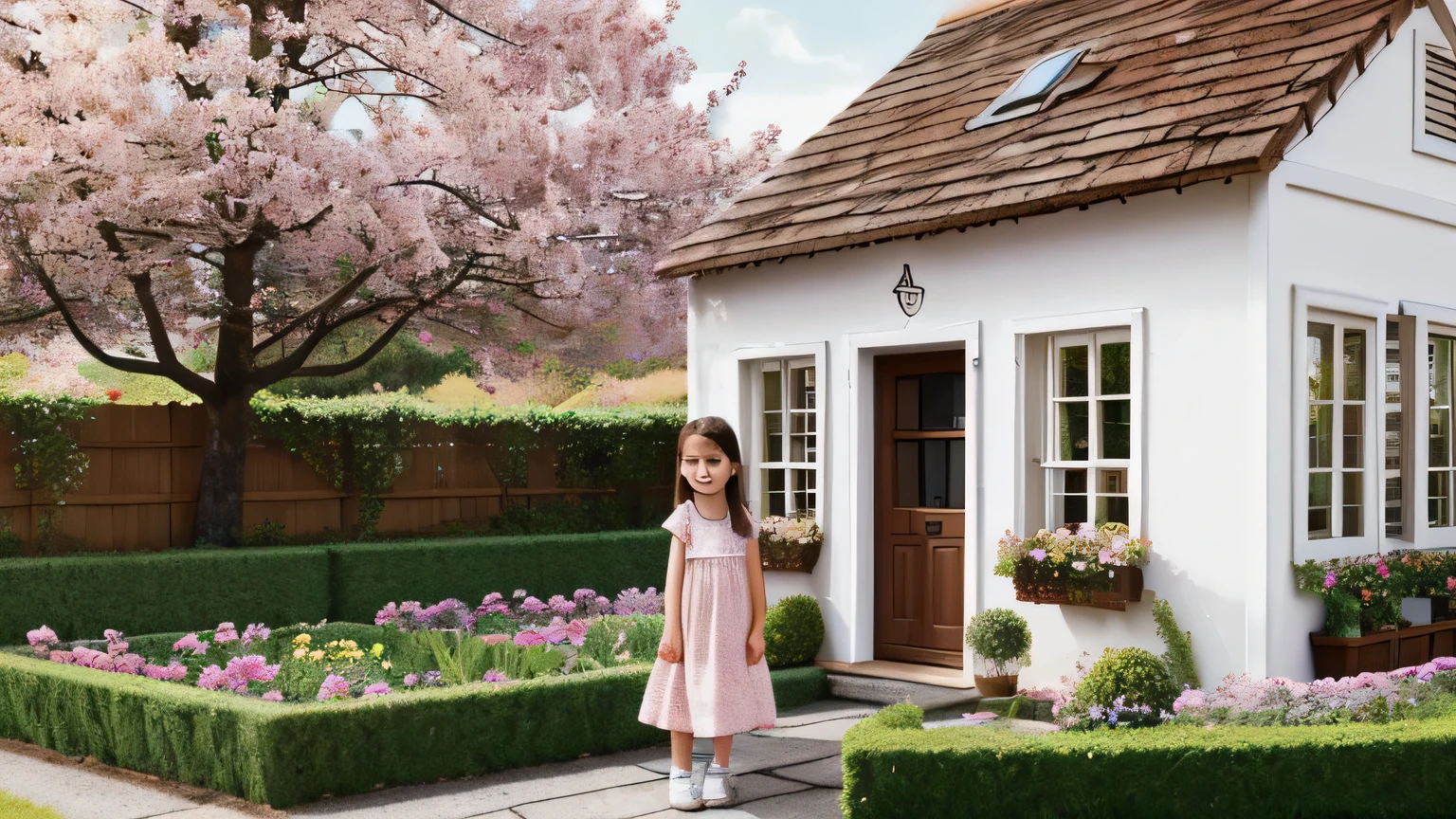Image of a small town with a calm atmosphere, simple houses with beautiful gardens. Focus on Maya's house (little girl 7-8 years old with long dark brown hair, often tied with a bright ribbon. Her eyes are large and brown, full of warmth and curiosity. She wears a simple pastel dress with a small floral pattern, and white sneakers . Her skin is fair with pink cheeks), a small house with a garden in front. In the garden, Maya is seen standing in front of the door with a smile, while a white cat named Luna sits next to her