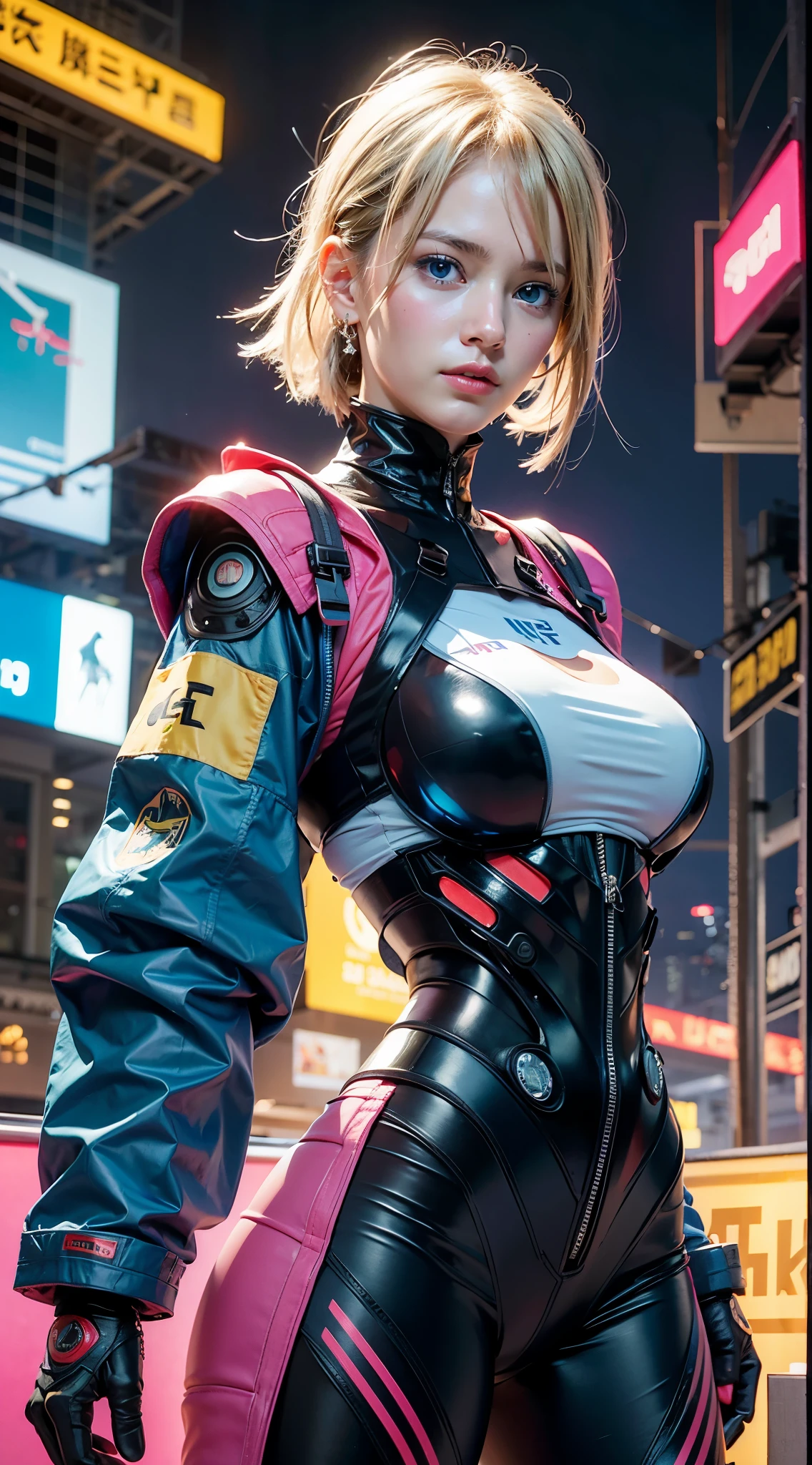 1 girl, pink neon ,robot, female cyborg , cyber punk, club,dim lighting, neon signs,fc portrait, neon,cyber punk, futuristic ,British girl with short, straight blonde hair, bang, bob cut, blue eyes, 15 years, young, pale skin, slender body, small breasts, small breasts, ultra high resolution, UHD, (realistic:1.4), doll-like face, futuristic鎧, Plasma Sword
