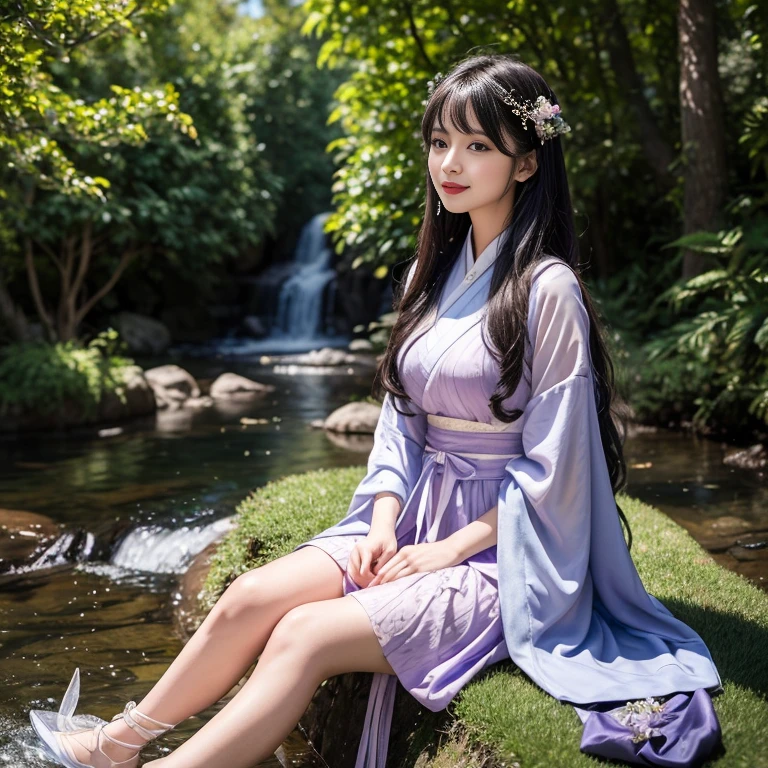 best quality, Delicate face，beautiful visual work, lifelike, eternity, black hair, Long curly hair, blunt bangs, Smile, Detailed Background, Delicate face，blush，cold，((masterpiece))、(top quality)、8k、high detail、Super detailed，31 years old female，Wearing Tang Dynasty Hanfu、waist skirt, Clothes are light and fluffy，Hanfu, wide sleeves, Transparent sleeves, Tunic, Clothes made of chiffon, Seductive and whimsical style、masterpiece、born、Scenes resembling fairy tale illustrations、Intricate details and complex designs、Beautifully、magic、capricious、 Beautifully、Dream aesthetics、「𝓡𝓸𝓶𝓪𝓷𝓽𝓲𝓬、ethereal、charming、fickle、magic」、Realism、Visual effects、FXAA、SSAO、Shaders、voiceless、ambient lighting、Tone mapping、High resolution、Ultra high quality、Million pixels、(8K resolution:1.10)、8k、Below 8K、8K resolution、high detail、intricate details， (high quality:1.2、masterpiece:1.2、:1.21)、(31 years old female:1.21)、(Smile excitedly)、(full-body shot，Normal 2 feet，Put your hands behind you，The protrusion of the breast is visible when wearing clothes, Large Breasts, H cup chest, antiquity, Xian Xia, gauze clothes, Soft and fluttering, Fairy, dream, fantasy, light, elegant, nature, Immortal, romantic, classical, ribbon, light purple clothes, By the stream