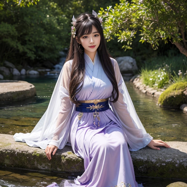 best quality, Delicate face，beautiful visual work, lifelike, eternity, black hair, Long curly hair, blunt bangs, Smile, Detailed Background, Delicate face，blush，cold，((masterpiece))、(top quality)、8k、high detail、Super detailed，31 years old female，Wearing Tang Dynasty Hanfu、waist skirt, Clothes are light and fluffy，Hanfu, wide sleeves, Transparent sleeves, Tunic, Clothes made of chiffon, Seductive and whimsical style、masterpiece、born、Scenes resembling fairy tale illustrations、Intricate details and complex designs、Beautifully、magic、capricious、 Beautifully、Dream aesthetics、「𝓡𝓸𝓶𝓪𝓷𝓽𝓲𝓬、ethereal、charming、fickle、magic」、Realism、Visual effects、FXAA、SSAO、Shaders、voiceless、ambient lighting、Tone mapping、High resolution、Ultra high quality、Million pixels、(8K resolution:1.10)、8k、Below 8K、8K resolution、high detail、intricate details， (high quality:1.2、masterpiece:1.2、:1.21)、(31 years old female:1.21)、(Smile excitedly)、(full-body shot，Normal 2 feet，Put your hands behind you，The protrusion of the breast is visible when wearing clothes, Large Breasts, H cup chest, antiquity, Xian Xia, gauze clothes, Soft and fluttering, Fairy, dream, fantasy, light, elegant, nature, Immortal, romantic, classical, ribbon, light purple clothes, By the stream