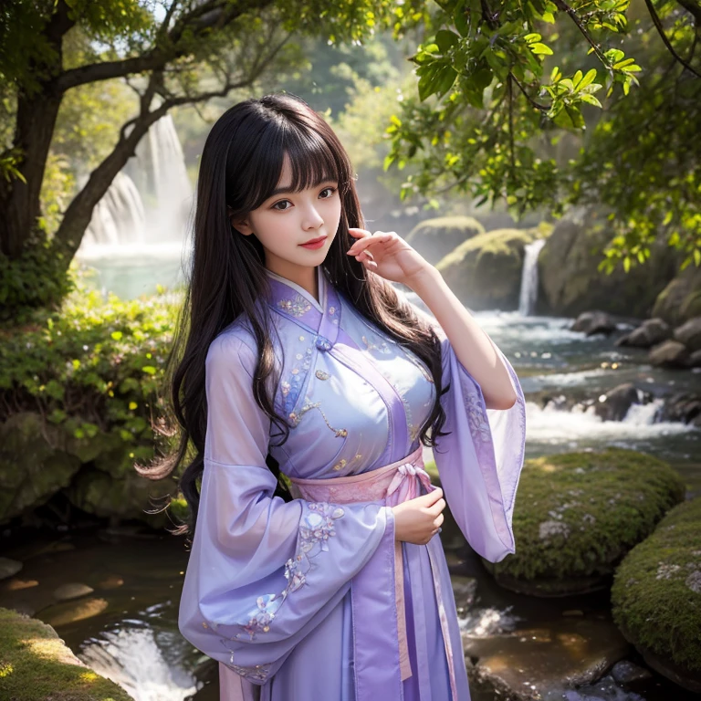 best quality, Delicate face,beautiful visual work, lifelike, eternity, black hair, Long curly hair, blunt bangs, Smile, Detailed Background, Delicate face,blush,cold,((masterpiece))、(top quality)、8k、high detail、Super detailed,31 years old female,Wearing Tang Dynasty Hanfu、waist skirt, Clothes are light and fluffy,Hanfu, wide sleeves, Transparent sleeves, Tunic, Clothes made of chiffon, Seductive and whimsical style、masterpiece、born、Scenes resembling fairy tale illustrations、Intricate details and complex designs、Beautifully、magic、capricious、 Beautifully、Dream aesthetics、「𝓡𝓸𝓶𝓪𝓷𝓽𝓲𝓬、ethereal、charming、fickle、magic」、Realism、Visual effects、FXAA、SSAO、Shaders、voiceless、ambient lighting、Tone mapping、High resolution、Ultra high quality、Million pixels、(8K resolution:1.10)、8k、Below 8K、8K resolution、high detail、intricate details, (high quality:1.2、masterpiece:1.2、:1.21)、(31 years old female:1.21)、(Smile excitedly)、(full-body shot,Normal 2 feet,Put your hands behind you,The protrusion of the breast is visible when wearing clothes, Large Breasts, H cup chest, antiquity, Xian Xia, gauze clothes, Soft and fluttering, Fairy, dream, fantasy, light, elegant, nature, Immortal, romantic, classical, ribbon, light purple clothes, By the stream