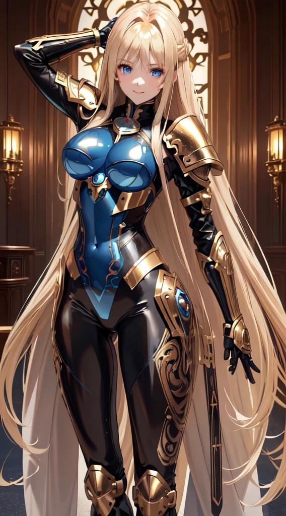 (8k, raw photo, Best Quality, maestro:1.2), (anime photo-anime:1.37), ultra detailed, 1 girl, Beautiful, Alone, Gorgeous detailed blue sky with fluffy clouds, (blush), (whole body: 1.1), (smile: 1.1), (shut up), big breasts, Beautiful and delicate blue eyes, (Tight blue armor with intricate engravings of leaves and flowers : 1.1), Golden metal pieces covering her shoulders and arms, Dark brown leather belt with metal buckles, tight leather pants, Brown leather boots, A cross adorns her chest, (long blonde hair: 1.2), flowing hair, high contrast, Proporciones de whole body, (astride, stretch the legs, thin legs), Chest closeup, full color