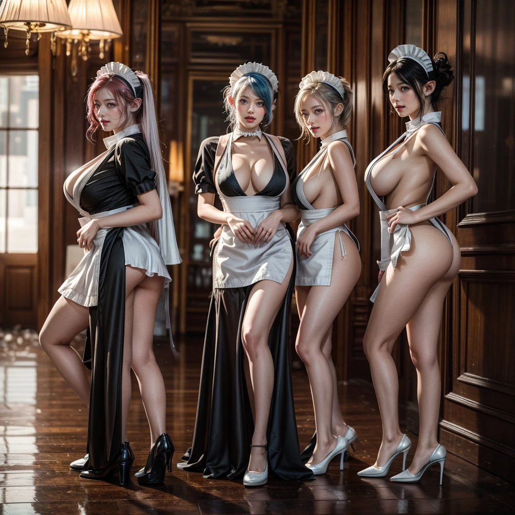 (Full Body of Extremely Detailed((Sexy Maid Group in a row:1.37))), KAWAII perfect face, Reflective Eyes, Detailed(Delicate Clothing textures), Correct Bewitching Leg Line, Dynamic Joyful Expressions LifeLike Rendering, Specular Reflection, TopQuality 8K Ultra-detailed masterpiece (ProfessionalPhoto:1.37), (Acutance:0.8), (Luminism:1.28), Renaissance art style, Colorful Light particles, ((Full body from side)), {MicroMini Skirt|Kissing Face to Face|Thigh Gap|Cute Peach AssFocus|(NakedApron with (Overflowing Sideboob))}, Radiant Fine Skin with Transparency, {Pink Hair|LightBlue Hair|Platinum Blonde|Pure White Hair|Liquid Hair}, Perfect Lighting