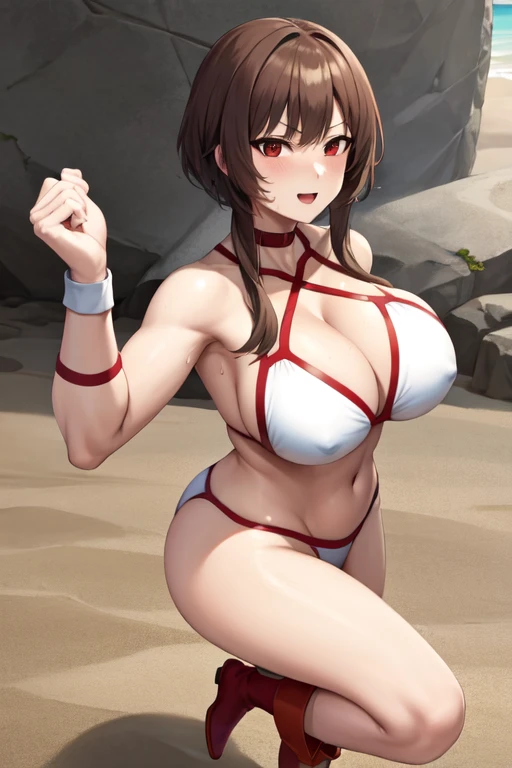 masterpiece, best quality, beautiful art, high resolution, well formed hands, body and fingers, 1 woman, solo, Megumin , 31 years old, full body picture, grown up, adult, large and big breasted, cleavage, hair ornament, wearing a Tyris Flare outfit ,  white_bikini, full body, sexy and skimpy  bikini, gorgeous  hips, legs and thighs bouncing breasts, red boots, fighting in a combat match, showing her fighting skills, making her guard, about to hit the viewer, looking at the viewer, camera focus on her bouncing breasts, sweating, bouncing breasts, smiling joyfully and brightly, seductive face, being confident and proud, action and fighting scene, martial arts tournament on the beach fighting in a combat match, showing her fighting skills, making her guard, about to hit the viewer, looking at the viewer, cowboy shot on her bouncing breasts, sweating, bouncing breasts, smiling joyfully and brightly, seductive face, being confident and proud, action and fighting scene, martial arts tournament on the beach 