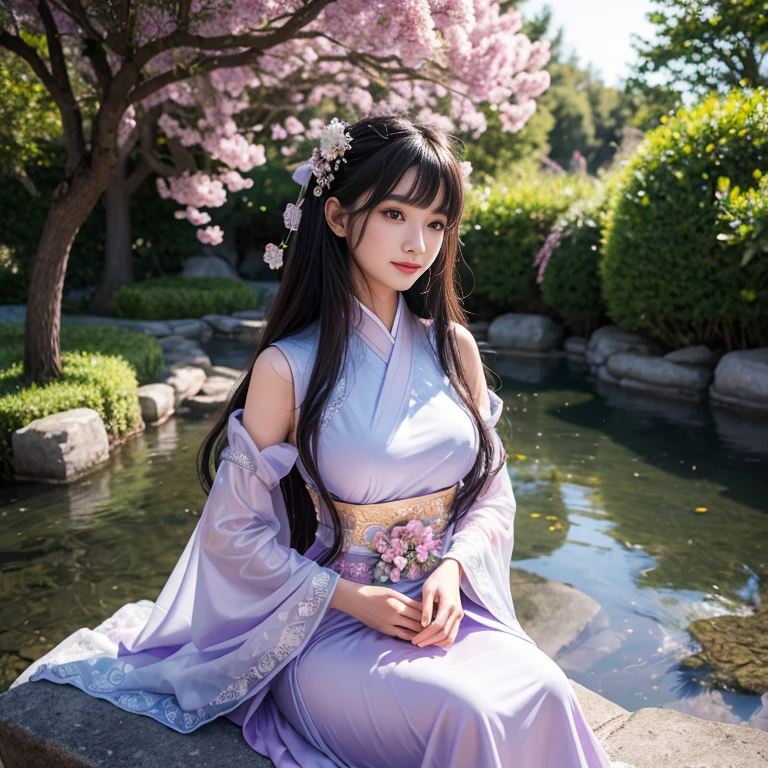 best quality, Delicate face,beautiful visual work, lifelike, eternity, black hair, Long curly hair, blunt bangs, Smile, Detailed Background, Delicate face,pink blush,cold,((masterpiece))、(top quality)、8k、high detail、Super detailed,21 years old female,Wearing wide-sleeved Tang Dynasty Hanfu、Clothes made of chiffon, gauze clothes, Clothes feel soft, Transparent sleeves, Seductive and whimsical style、masterpiece、born、Scenes resembling fairy tale illustrations、intricate details和複雜的設計、Beautifully、magic、capricious、 Beautifully、Dream aesthetics、「𝓡𝓸𝓶𝓪𝓷𝓽𝓲𝓬、ethereal、charming、fickle、magic」、realism、Visual effects、FXAA、SSAO、Shader、voiceless、ambient lighting、Tone mapping、High resolution、Ultra high quality、Million pixels、(8K resolution:1.10)、8k、8k以下、8K resolution、high detail、intricate details, (high quality:1.2、masterpiece:1.2、:1.21)、(21 years old female:1.21)、(興奮地Smile)、(Surrounded by a dreamy atmosphere、Model diagram,full-body shot,Normal 2 feet,Don't show your fingers,Behind the Letting Go, The protrusion of the breast is visible when wearing clothes, Large Breasts, H cup chest, Landscape photos,Purple clothes