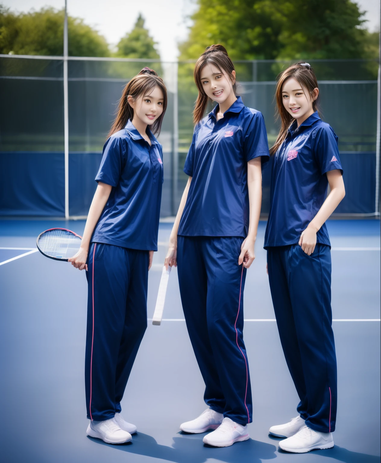 3 girls play tennis at tennis courts, Navy blue short-sleeved shirt,Navy Long Trackpant,Sweatpants, Sweatpantsขายาว,25 year old girl, lesbian, sexy, exercise clothes, wet body, exercise clothes