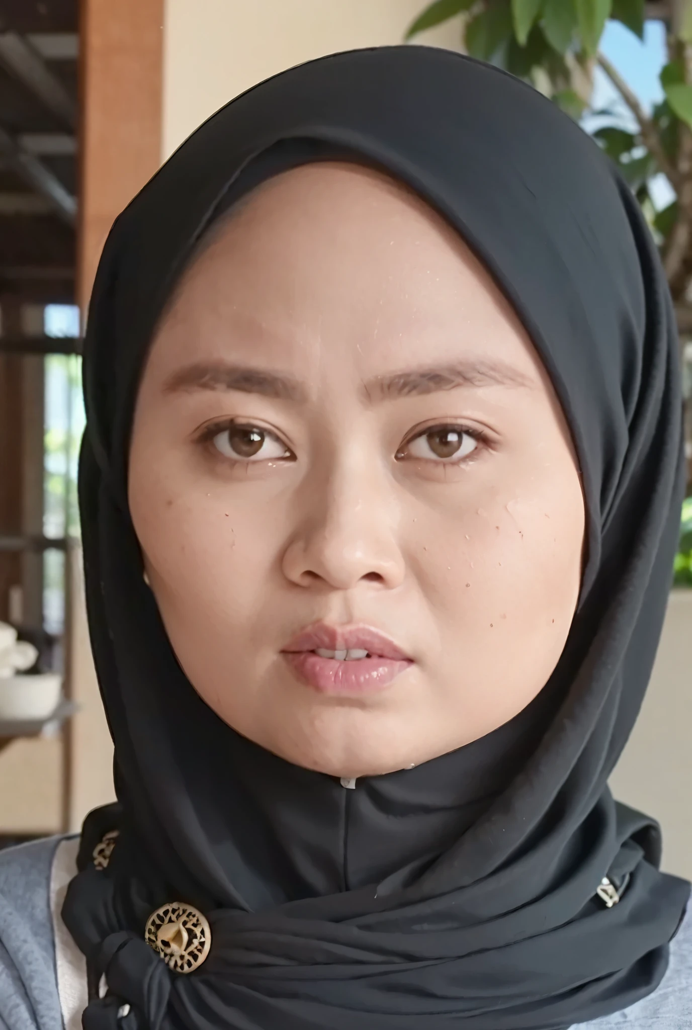 Malay Indonesia. Thailand. Sawo matang skin.a beautiful girl wearing a hijab, detailed face, intricate hijab, full body, looking directly at the portrait. Bokeh background . Age 35.