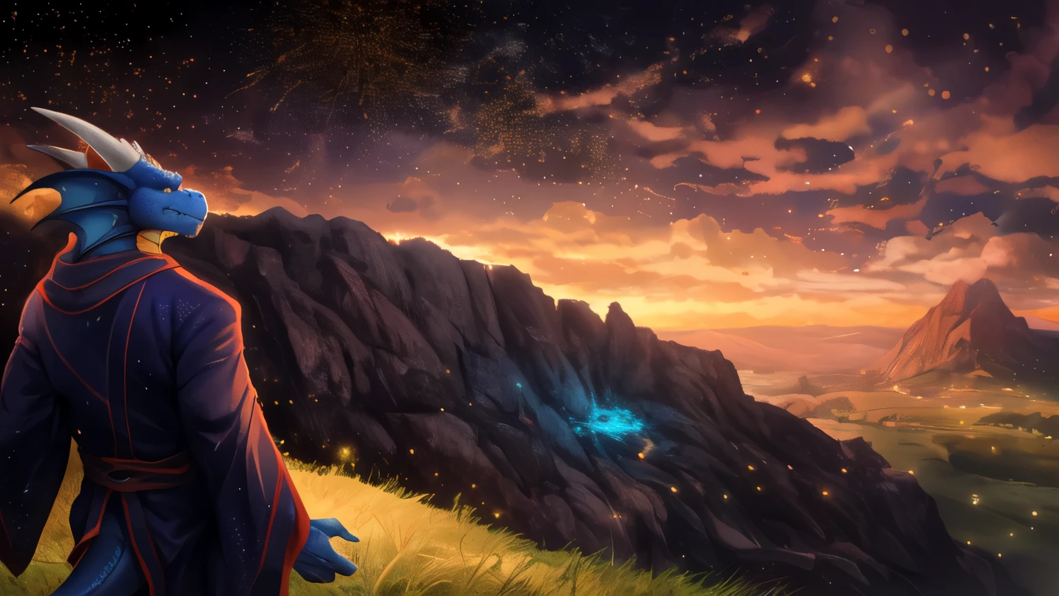 Solitary, male, mature male, (male anthro dragon:1.3), (Blue body:1.1), (permanent:1.3), (Beast field:1.2), (Sunset:1.23), armor, (robe), (look back:1.2), Looked up, (Rear view), landscape, cliff, dawn, horizon, Delicate eyes, portrait, Dragon Tail, trumpet, (Delicate eyes), (external:1.35), Grass, HILL, (cloud), (particle ,firefly, Blue glow:1.3), Detailed background, 8K HD, (Dark Shadows, Wide dynamic range, HDR, Low light:1.2), Pino Deheny, Balazocu, [by Dagasi, From zixiong], Cyber Games, author：null-ghost, (landscape)
