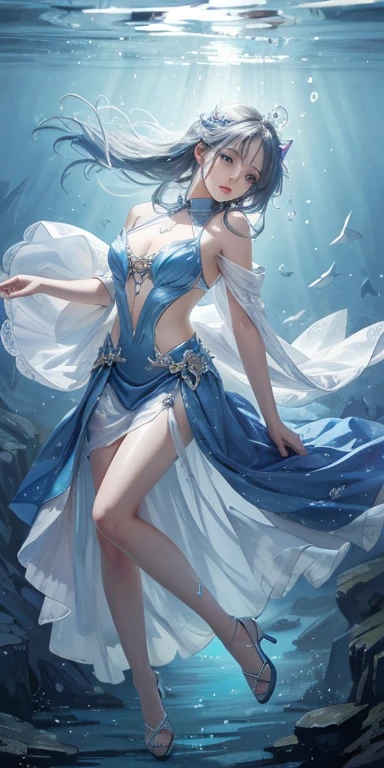 Best quality，masterpiece，Ultra-high resolution，（Reality：1.4），RAW photos，Cold Light，Woman wearing transparent clothes underwater，Full body image，Wallpaper Anime Blue Water，Guvitz-style artwork，closeup fantasy with water magic，author：Yang J，Guvitz，A beautiful artistic illustration，Water Nymphs，Beautiful digital artwork，Beautiful digital illustrations，Li Song，Beautiful anime portrait，Bovo&#39;s art style