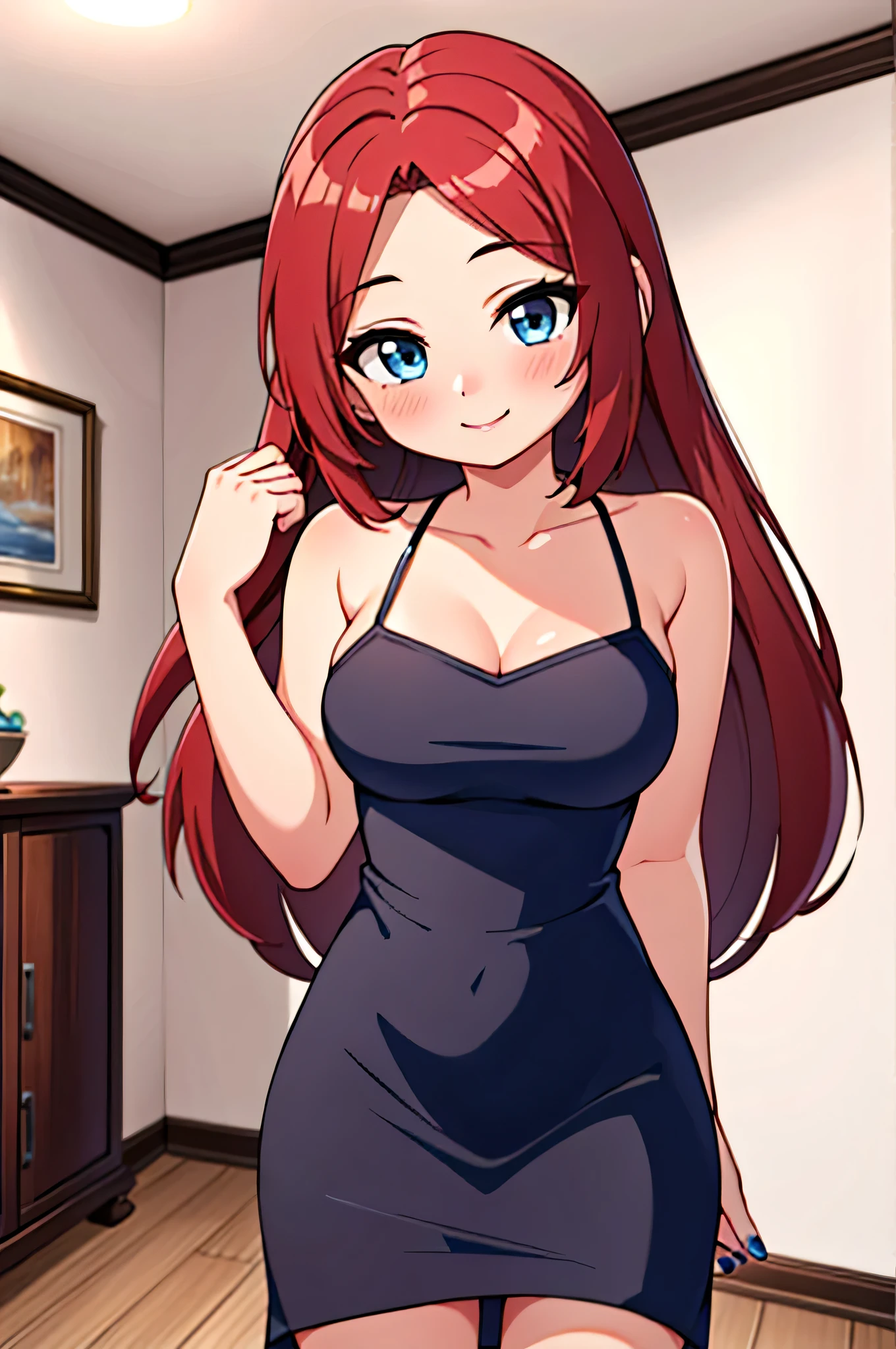 (Chelsea:1.3), long hair, blue eyes, (black spaghetti strap dress:1.3), blush, medium breasts, red hair, black spaghetti strap dress, bare arms, blue nails, bare neck, indoors room, standing up, seductive smile, Masterpiece, best quality, 1girl, detailed background, intricate details, detailed, looking at viewers, cowboy shot, in the center
