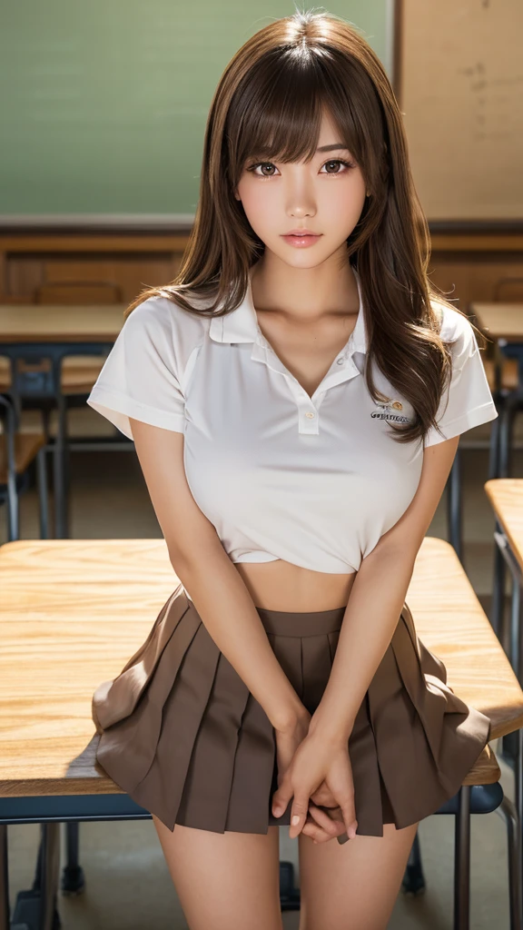 Product quality,1 girl,tennis Club,Cowboy Shot,Young and cute Japanese,End of club activities, ((High school classroom:1.2))on the desk,sit,Preparing to return,White tennis wear,White super short Pleated scouts,Very cute face,Glossy Lips,Beautiful big eyes,Brown eyes,Double eyelids on both eyes,(Natural Makeup),shiny smooth light brown long hair,,Asymmetrical bangs,Center image,8k resolution,Attention to detail,Detailed hairstyle,Detailed face,Cinema Lighting,Octane Rendering,Ultra-realistic,Perfect limbs,Beautiful legs,Voluptuous thighs,Huge breasts,Perfect Anatomy,