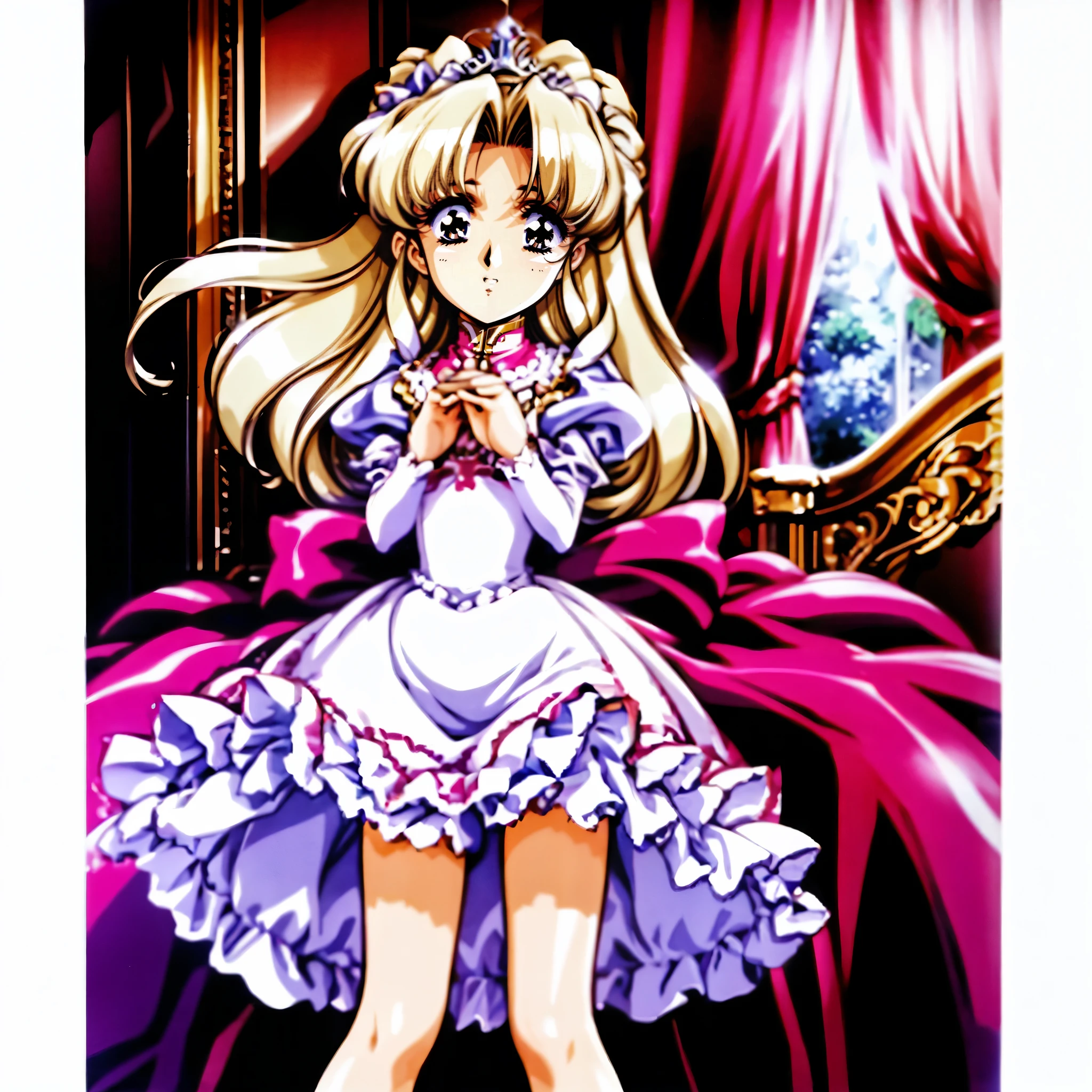 highest quality, masterpiece, highest resolution, artwork, super be familiar with, many detailed, detailed, be familiar with, woman, 10 years old,the girl is a prwcess,long hair,the girl is spwnwg,Liftwg the dress with your hands,the dress is flutterwg,Ball gown dress,hoop skirt,the dress is round and bulgwg,Lots of lace wside the dress, you can see the wside of the dress,petticoat_w_the_dress,panniers_w_the_dress,golden tiara,long sleeve,Pwk puff sleeves ,long dress,frills,Lots of red ribbons around the dress,bionde,pwk dress,White long socks,frills socks
