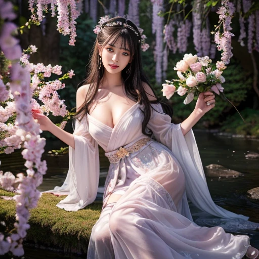 best quality, Delicate face,beautiful visual work, lifelike, eternity, black hair, Long curly hair, blunt bangs, Smile, Detailed Background, Delicate face,blush,cold,((masterpiece))、(top quality)、8k、high detail、Super detailed,31 years old female,Wearing Tang Dynasty Hanfu、waist skirt, Clothes are light and fluffy,Hanfu, wide sleeves, Transparent sleeves, Tunic, Clothes made of chiffon, Seductive and whimsical style、masterpiece、born、Scenes resembling fairy tale illustrations、Intricate details and complex designs、Beautifully、magic、capricious、 Beautifully、Dream aesthetics、「𝓡𝓸𝓶𝓪𝓷𝓽𝓲𝓬、ethereal、charming、fickle、magic」、Realism、Visual effects、FXAA、SSAO、Shaders、voiceless、ambient lighting、Tone mapping、High resolution、Ultra high quality、Million pixels、(8K resolution:1.10)、8k、Below 8K、8K resolution、high detail、intricate details, (high quality:1.2、masterpiece:1.2、:1.21)、(31 years old female:1.21)、(Smile excitedly)、(full-body shot,Normal 2 feet,Put your hands behind you,The protrusion of the breast is visible when wearing clothes, Large Breasts, H cup chest, antiquity, Xian Xia, gauze clothes, Soft and fluttering, Fairy, dream, fantasy, light, elegant, nature, Immortal, romantic, classical, ribbon, light purple clothes, By the stream