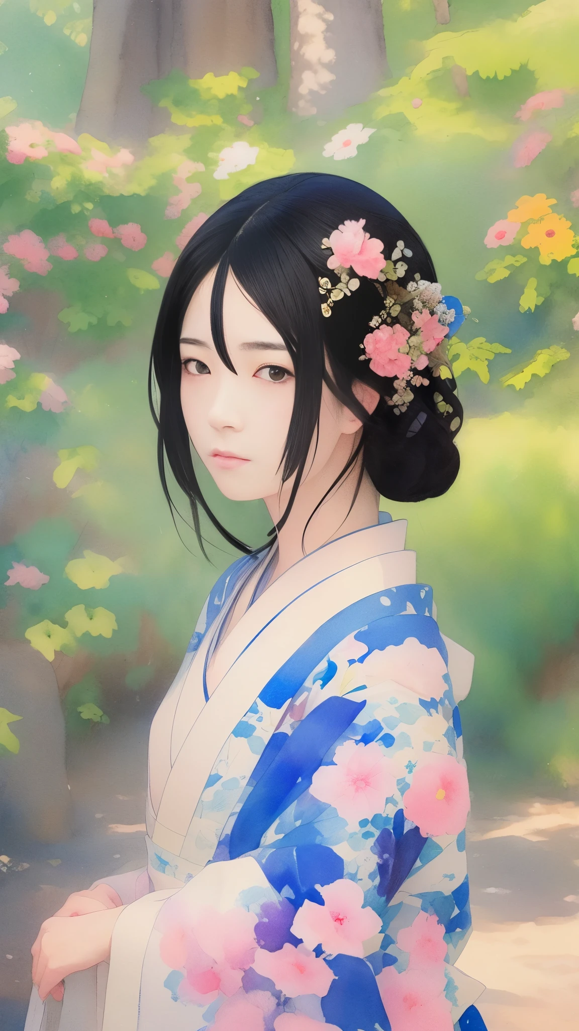 Beautiful adult woman, 22 years old、Watercolor、An illustration、Photographed from the front、Close-up of face、Shooting with a wide-angle lens、Depth of subject、Open aperture、solo、One person、kimono、clear、Black Hair、Japanese、Upper Body、Masterpiece、Highest quality