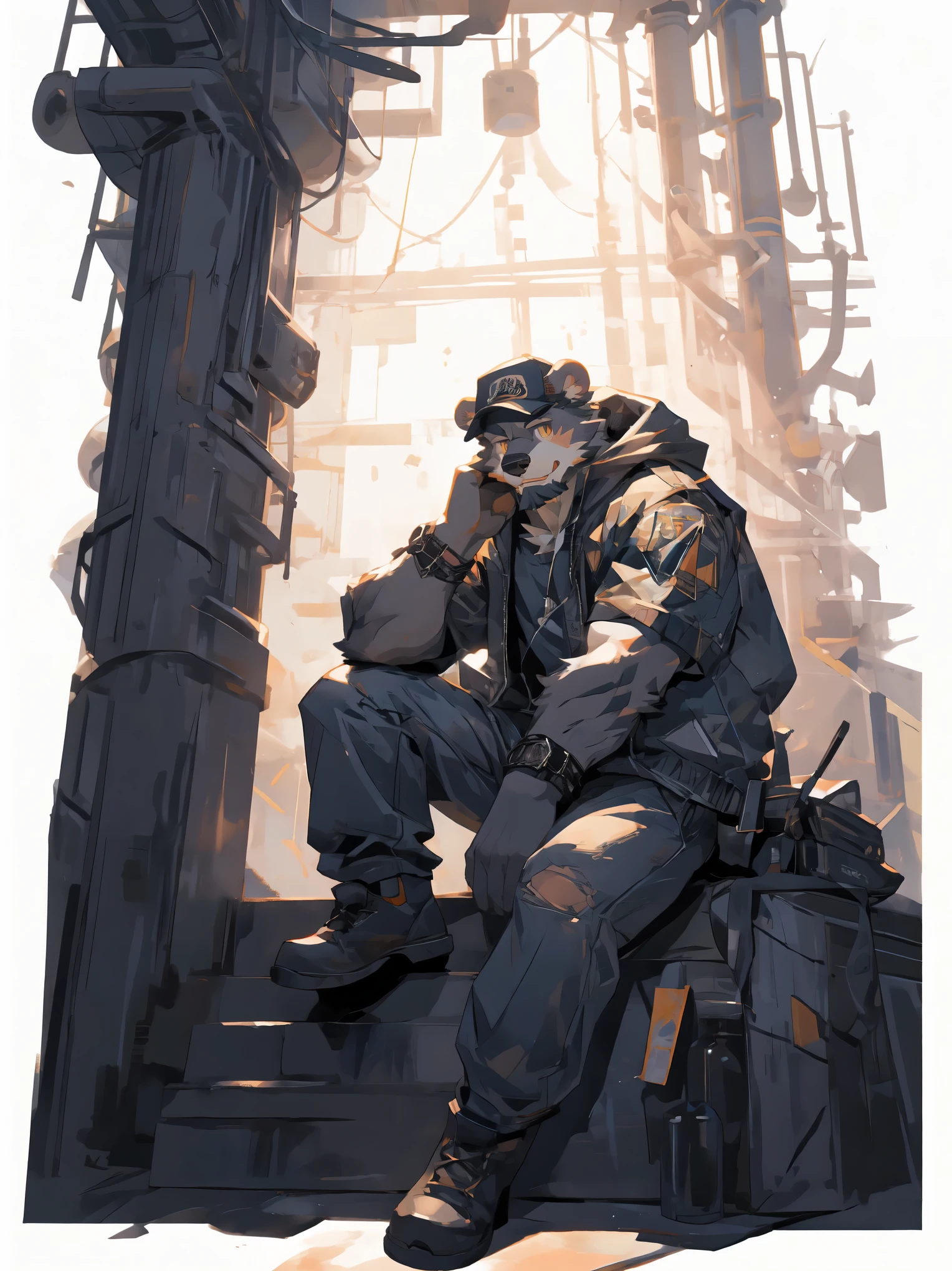 (masterpiece:1.2), best quality,pixiv,official art,perfect anatomy, (Ray tracing, light),solo, (1_male:1.3) , (muscle), (grey fur:1.4), (muscle bear), (beard:1.2), (gleaming golden eyes), bear tail, full body, Thick black eyebrows, baseball cap, (open short hoodie), (naked inside),Ripped short jeans, black short boots, (pure white background: 1.3),sit in the train, window, sea out of window