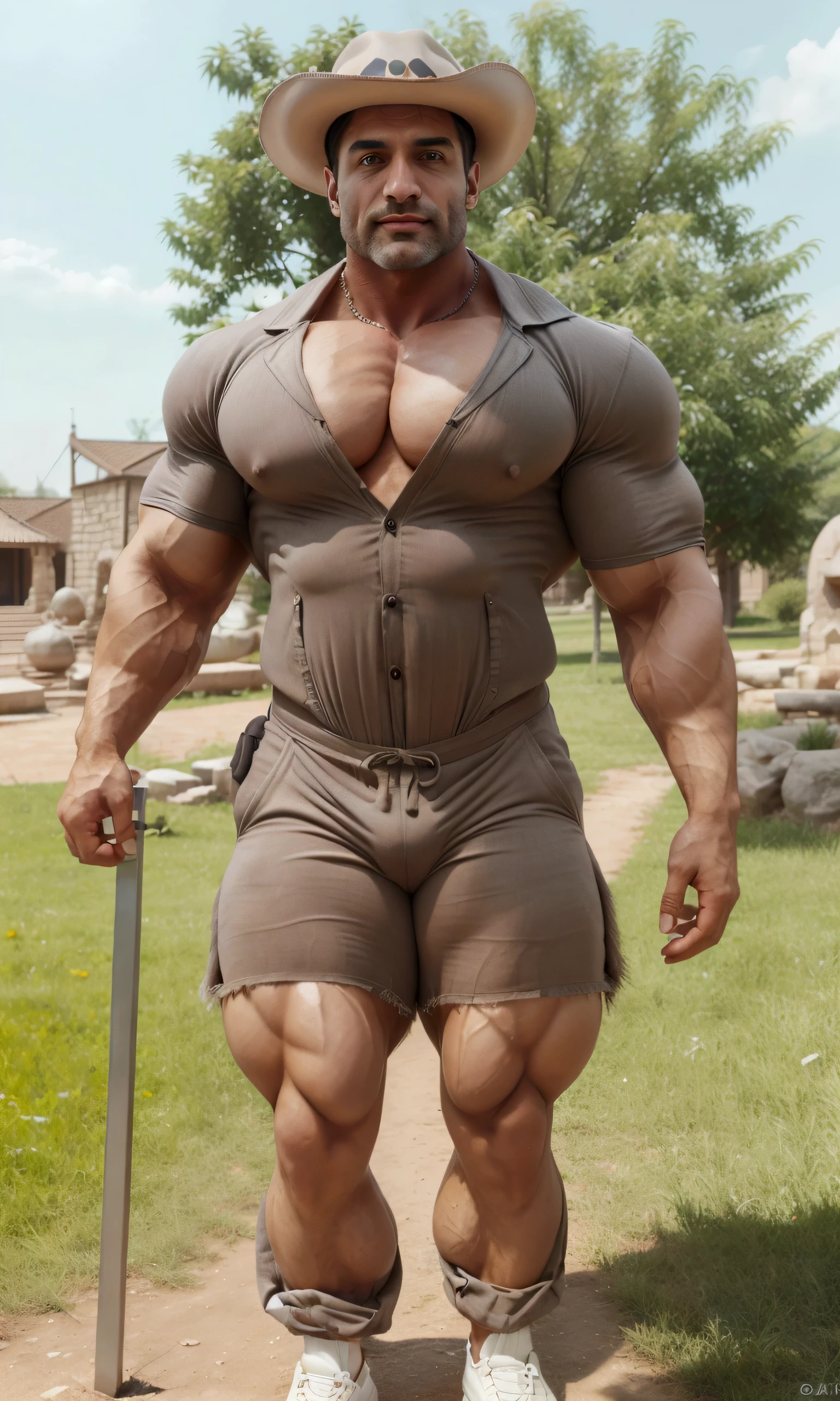 Bare chest, only wear tuxedo suit massive pecs bulging voluminous pecs, Indian, short pants
(8K, HDR, best quality, highres), specular lighting, photon mapping, radiosity, physically-based rendering, (establishing shot), (looking to the camera : 1),
[Blush:0.7], slightly frown, [smiling], (bulge:1.2),
1daddy, (40 years old), grey hair, beard, chubby daddy, extremely handsome,

