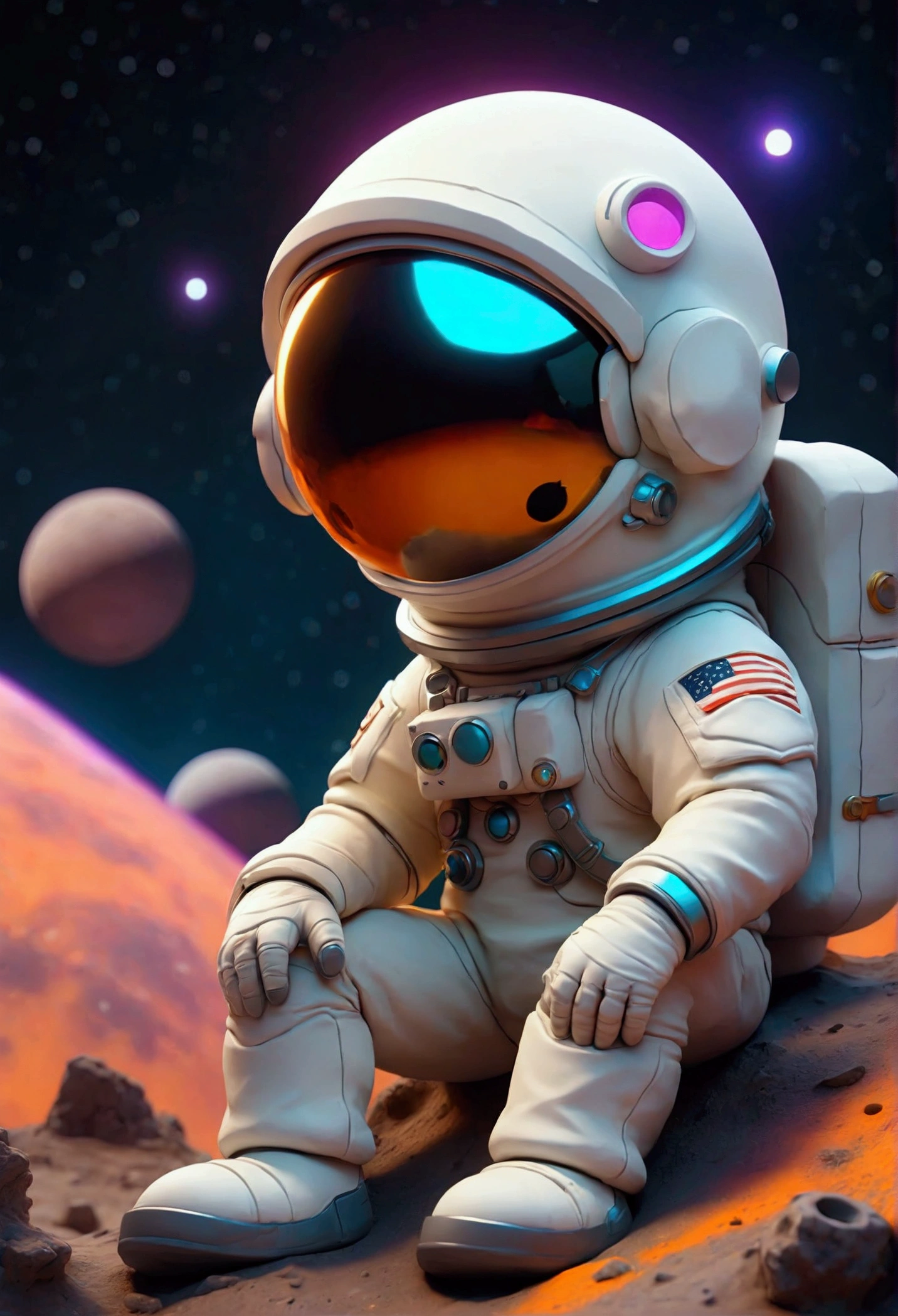 Kawaii style astronaut looking at the universe sitting on the crater of a small moon with craters, estilo 3d, detailed, bright colors, stars and galaxies background.