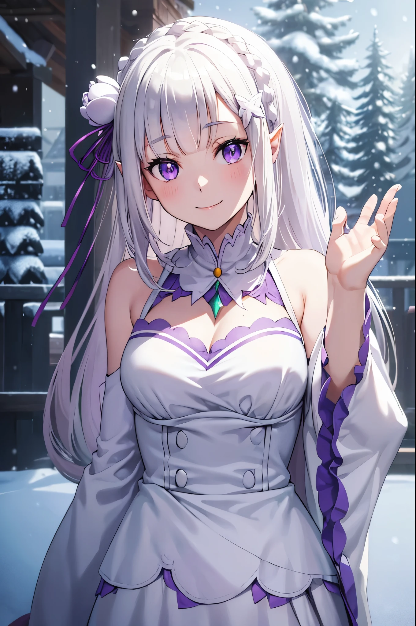 (masterpiece:1.3), (best quality:1.1), (8k, ultra detailed, ultra high res:1.2), ((anime style)), perfect hands, perfect 5 fingers, perfect anatomy, dynamic pose, leaning forward, standing, 
1girl,
emilia, 
emilia\(re:zero\),
long hair, low-tied long hair, braid, crown braid, 
white hair, 
(purple eyes:1.2), (beatiful detailed eyes:1.2), 
pointy ears, 
flower, hair flower, hair ornament, hair ribbon, white flower, x hair ornament, 
medium breasts, 
dress, pink dress, bare shoulders, detached collar, long sleeves, shoulder cutout, wide sleeves, white sleeves, 
(smile:1.3), 
BREAK looking at viewer, 
upper body, 
perfect light, outdoor, forest, crystal trees, (snow:1.5), winter, 