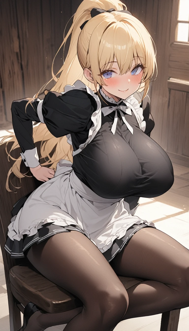 One Woman、beautiful girl、maid、20-year-old、blonde、ponytail、Western-style building、maidの、Calm look、Drooping eyes、A motherly expression、Baby Face、頭にmaidカチューシャ、Short skirt、Black Pantyhose、Ultra-high definition image quality、Highest quality, smile,Big Breasts、Very large breasts、Sit on a chair、Crossing your legs、Sit with your legs apart、Poses that accentuate the chest、Squint your eyes and smile、Breast augmentation、Lean forward