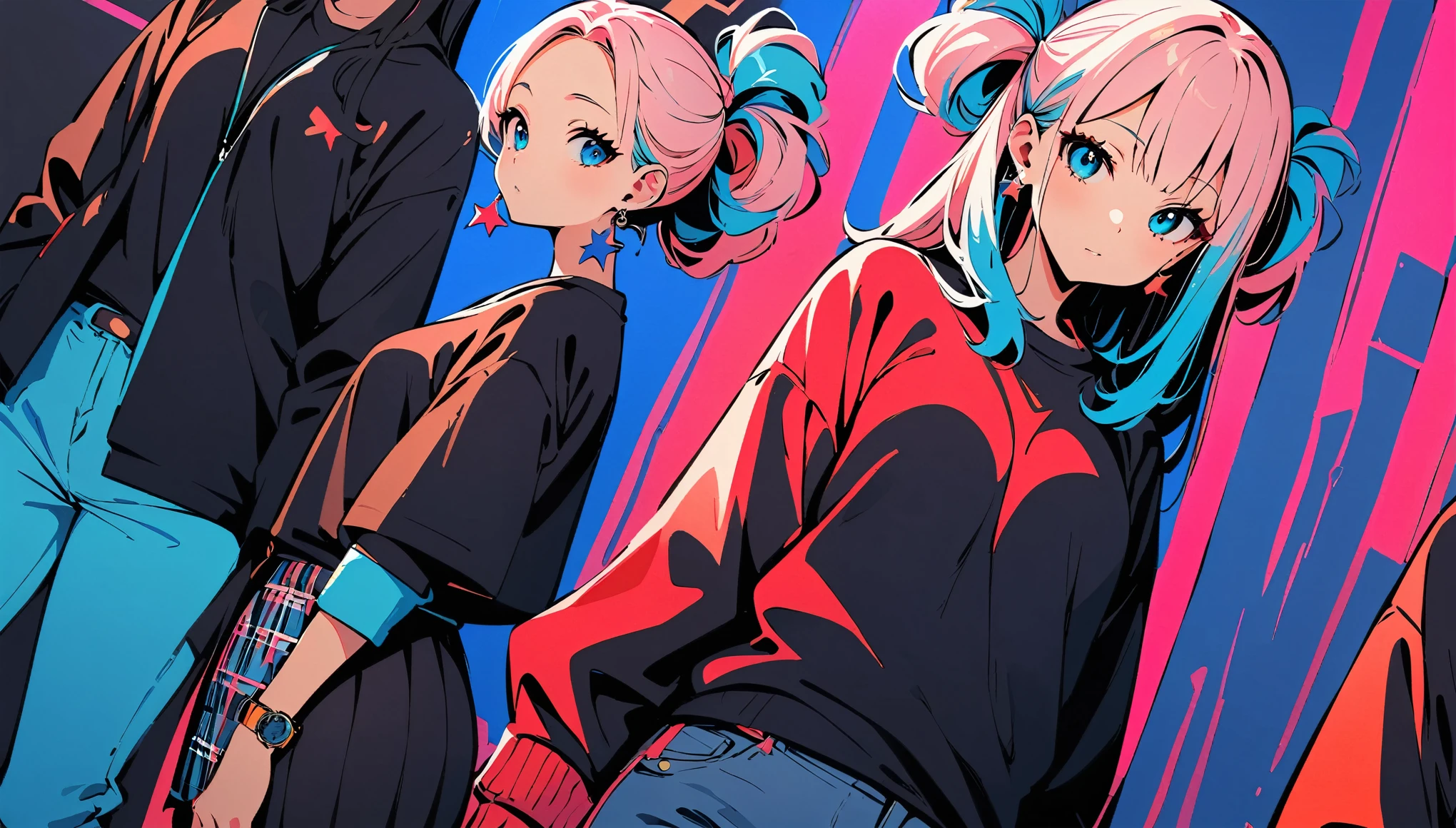 (high quality, 8k, 4K, High Contrast, masterpiece:1.2, 最high quality, Best aesthetics), (Dynamic Angle), ((1 female teen)),((There are no people in the background)) ((Flat Color)),(Harajuku Street Style Fashion),(jeans), Looking at the audience, Upper Body, Transparent Background, High Contrast, Contrasting colors, Cowboy Shot, Pale pink and blue lighting, Long Hair, ((Tied Hair)) ,Big Tits, Blue Hair, Small star-shaped earrings in both ears, watch, bright eyeshadow, R-18,