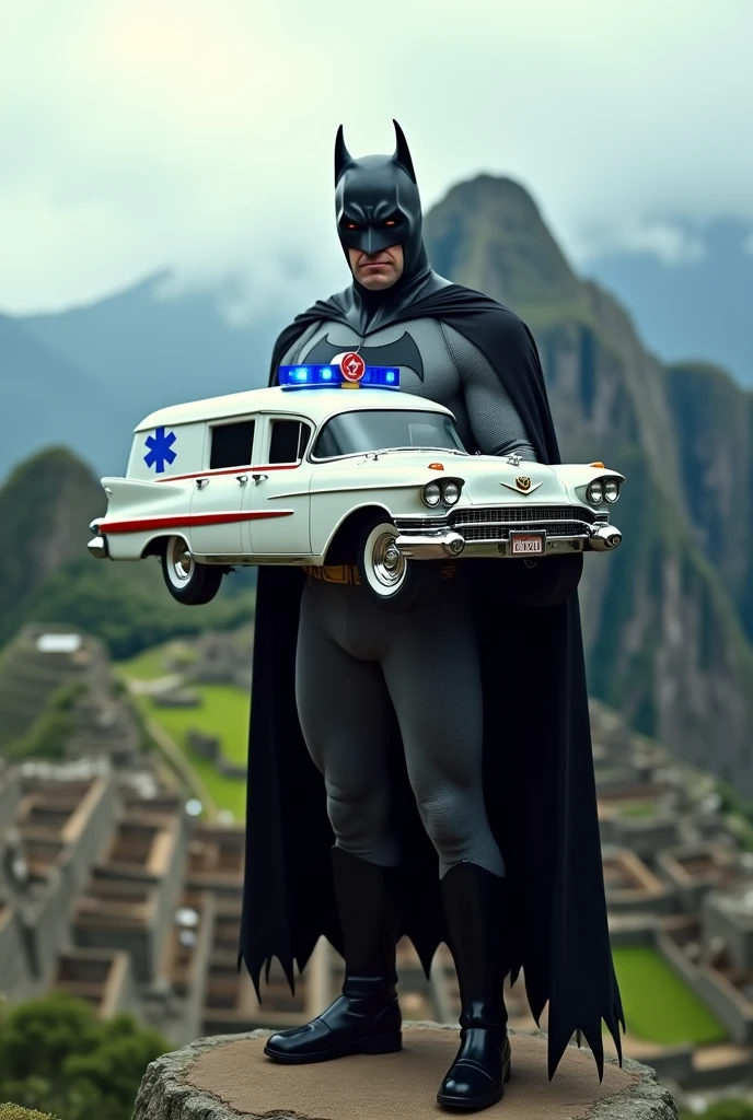 Generate a frontal image of BATMAN in Machu Picchu holding a white 1959 Cadillac Series 75 Commercial toy truck with blue ambulance lights and a red stripe on the side above his hand.