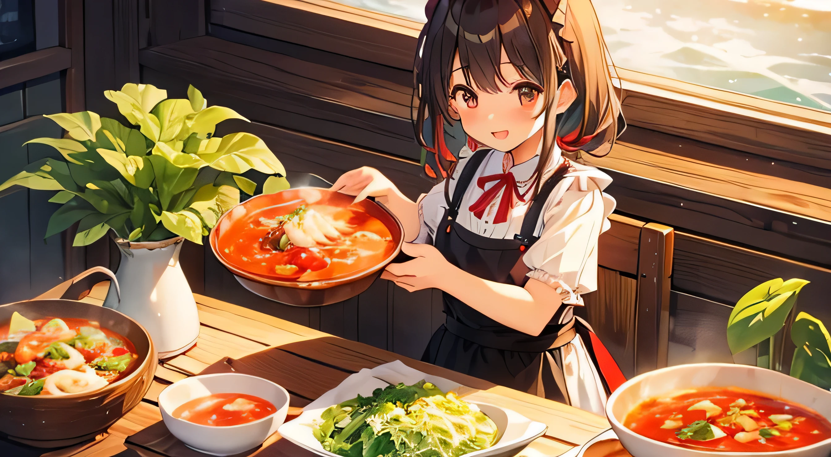 Girl、apron、Frills、On the boat、tomato soup sea、green cabbage、red tomato、brown mushroom、fresh basil、rainbow vegetables、