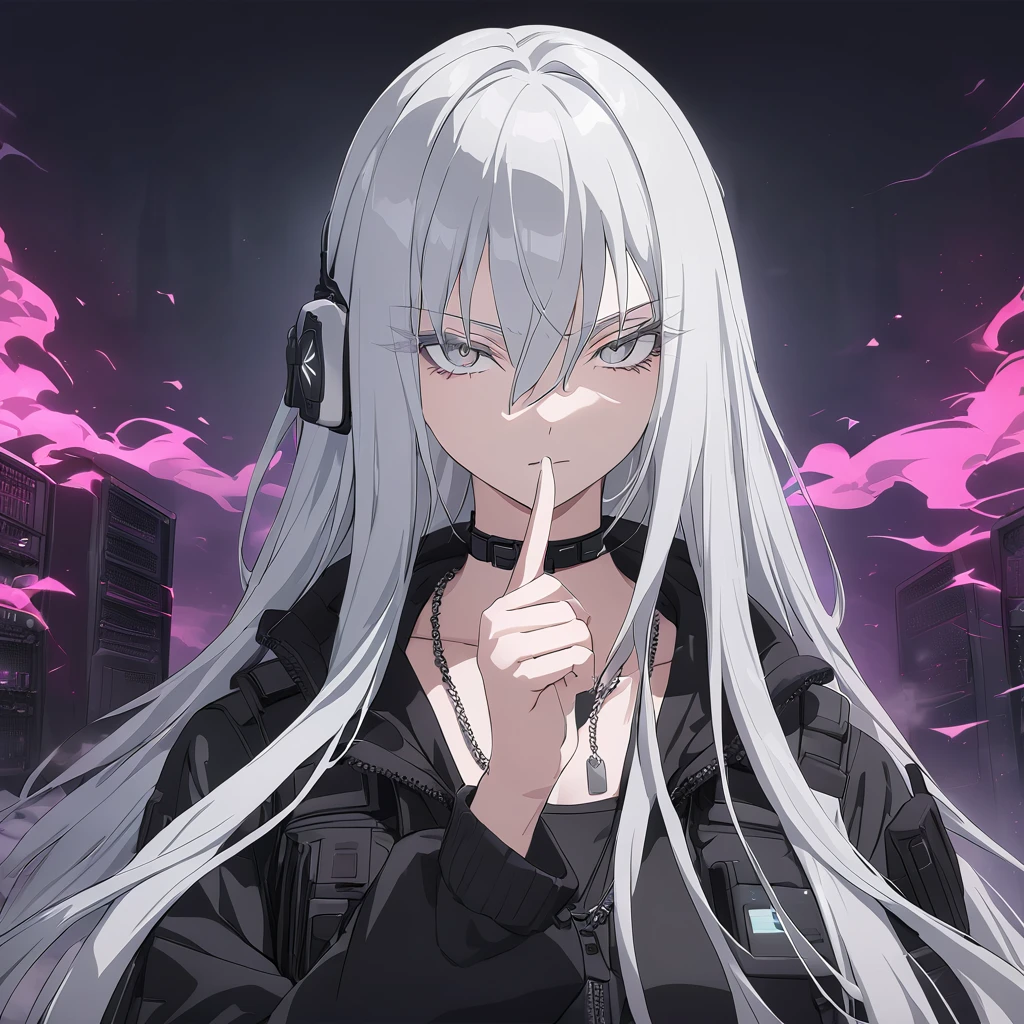 sovetsky_Soyuz, grey hair, long hair, tactical headset, choker, dog tag necklace, tactical, pouches, webbed belt, black tactical jacket, grey eyes, sharp eyes, Long eyelashes, eye shadow, ominous vibe, dark background, computer servers, shadows, smoke, expressionless, stoic, glaring, symmetrical eyes, Ultra quality, UHD, high detail, anime aesthetic, Anime screenshot, Ultra quality, UHD, high detail. Finger over lips, shushing, one red eye glow, face shot, facing camera