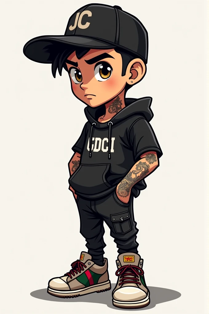 animated cartoon, warlike, handsome, JC cap, black clothes, tattoos, delgado, high, Gucci sneakers