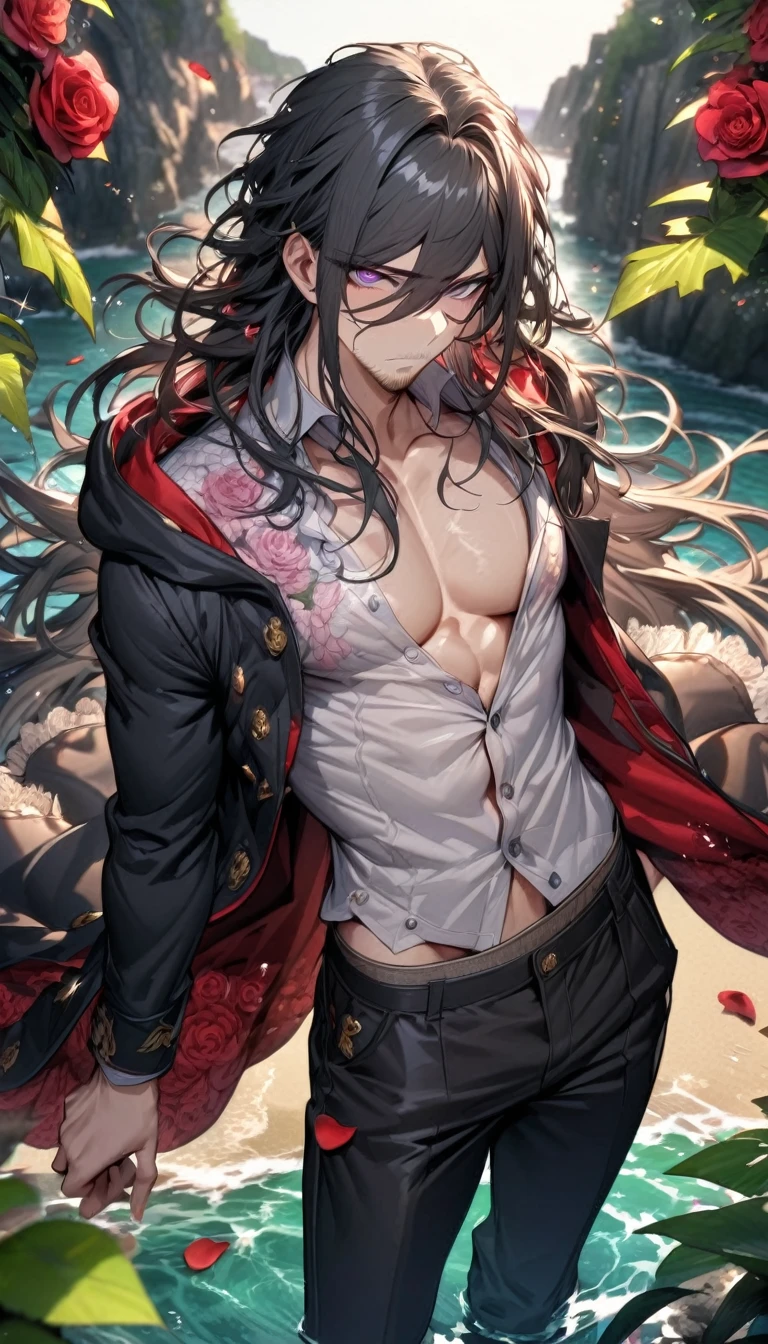 Ultra detailed, HDR, Highres, absurdres, master piece, Towa Haiji, disheveled black hair, long hair, expressive lavender eyes, hair between the eyes, faint stubble, buttoned-up shirt adorned with a detailed red rose pattern, a heavy black hooded jacket with beige fur trimming, Danganronpa, sexy man, handsome, flowers, petals, fantasy, magical, green leaves, handsome, best quality, glittering, sensual, horny, water, beach, solo, black pants