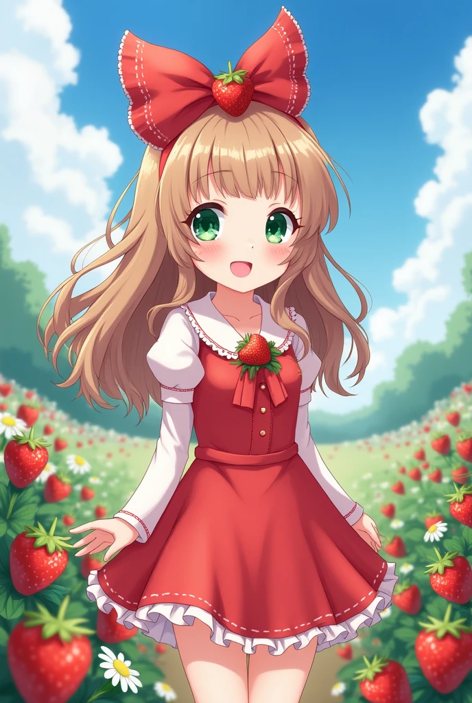 イチゴをモチーフにしたドレスを着た若くて愛らしいgirlを描いたアニメ風の画像.. 、naked、
girl'The hair is long and wavy, Light brown tones, She is wearing a headband with a big red bow and a small strawberry in the middle。. His eyes are big and bright, Emerald green colour、It highlights her sweet and happy expression.. is standing in a garden full of strawberries, Against the blue sky、I see soft clouds, Surrounded by strawberry flowers.