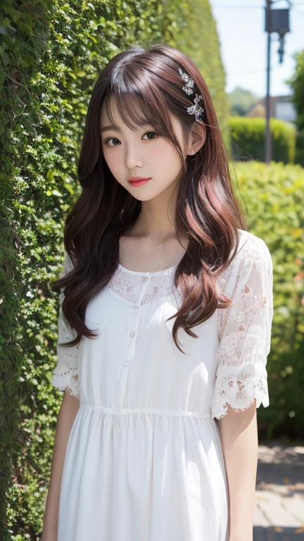 A cute 20-year-old girl in a park with hydrangeas in bloom（mini skirt)