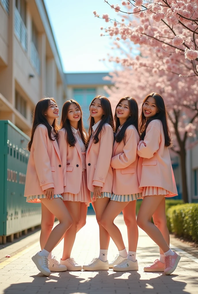 Create a group photo of a fake kpop group called clasSic, all the members are women between and 19 years olwith a school and youthful concept
