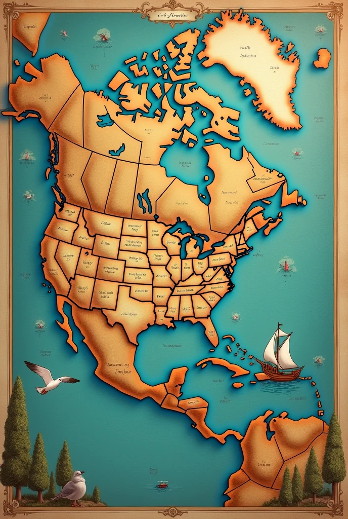 make a map where a ship leaves England crosses the Atlantic to the west. He reached the shores of North America, near what is now Nova Scotia. He headed south and explored Delaware Bay,