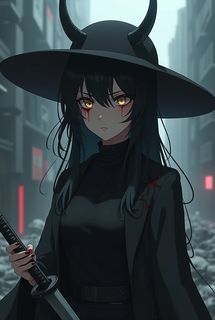 " anime character with a dark, gothic style. The character wears a black wide-brimmed hat with small horns, has long black hair with a slightly messy texture, and is dressed in a sleek, black outfit with a high-collared cloak. They carry a katana at their side, and have a serious expression on their face. The background is a dark, futuristic cityscape with muted tones, adding to the character's mysterious and intense vibe. Lighting is soft and diffused, enhancing the dark and moody atmosphere while She's injured and with only having one arm and one eye and a background of dead bodys while she bleeds from her right Lost eye and one shines in and her left arm is gone whole it bleeds jujutsu kaisen style."