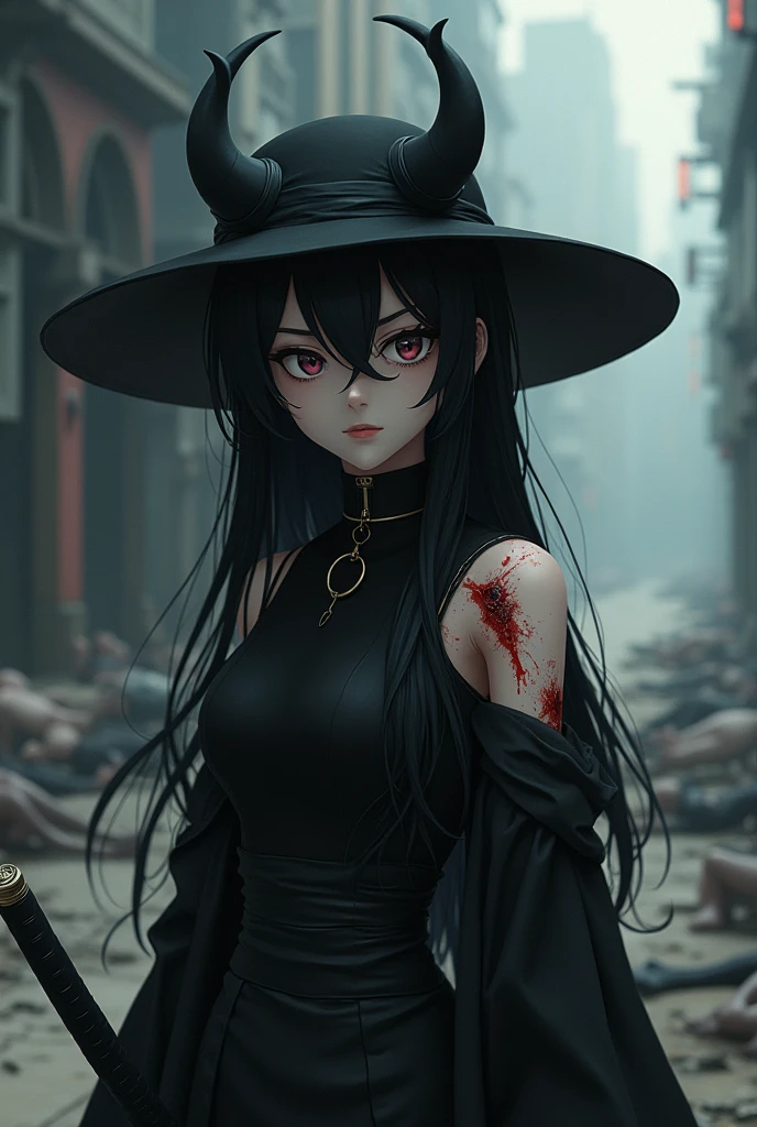 " anime character with a dark, gothic style. The character wears a black wide-brimmed hat with small horns, has long black hair with a slightly messy texture, and is dressed in a sleek, black outfit with a high-collared cloak. They carry a katana at their side, and have a serious expression on their face. The background is a dark, futuristic cityscape with muted tones, adding to the character's mysterious and intense vibe. Lighting is soft and diffused, enhancing the dark and moody atmosphere while She's injured and with only having one arm and one eye and a background of dead bodys while she bleeds from her right Lost eye and one shines in and her left arm is gone whole it bleeds jujutsu kaisen style."