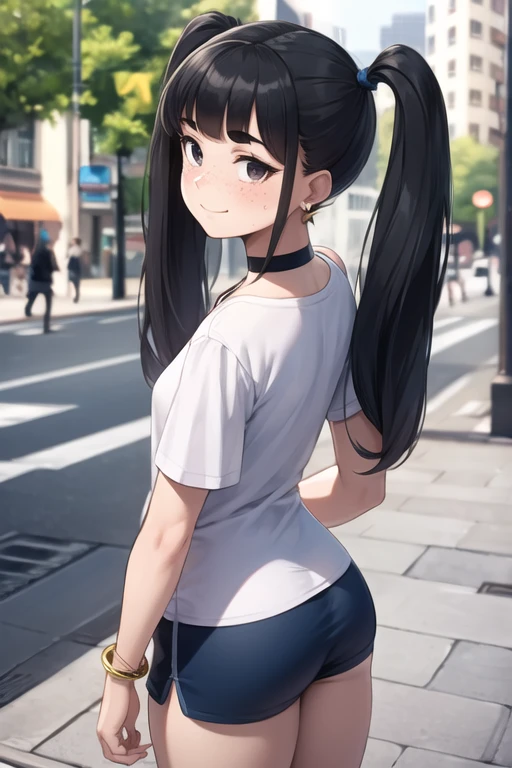 1 girl, solo, 25 year old girl,
twintails, black hair, long hair, hair bangs,
black eyes, blush, freckles, thick eyebrows, thin nose, long eyelashes,
small breasts, thick thighs, wide hips, 
short blouse, white blouse,
dolphin shorts, blue shorts, 
choker, earrings, bracelets,
from behind, looking back, smile, 
street, public, at day, pedestrians, 
