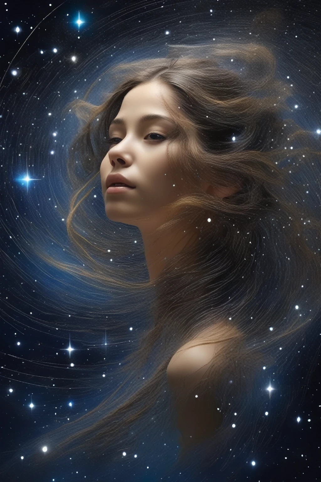 The swirling movements of the infinite stars of the universe eventually draw a very beautiful face of a girl , amazing illusion woven from stars . constellations and galaxies and the universe turns into a real inexplicable masterpiece !!