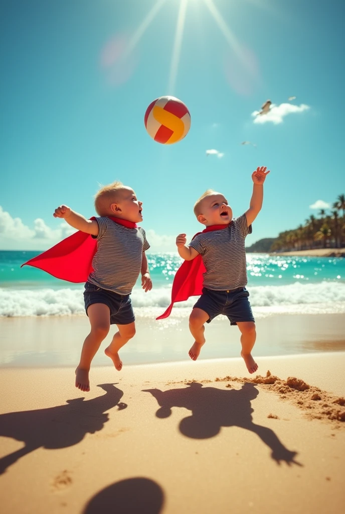 two twin babies wearing black and red striped shirts with superpowers playing beach volleyball in doubles