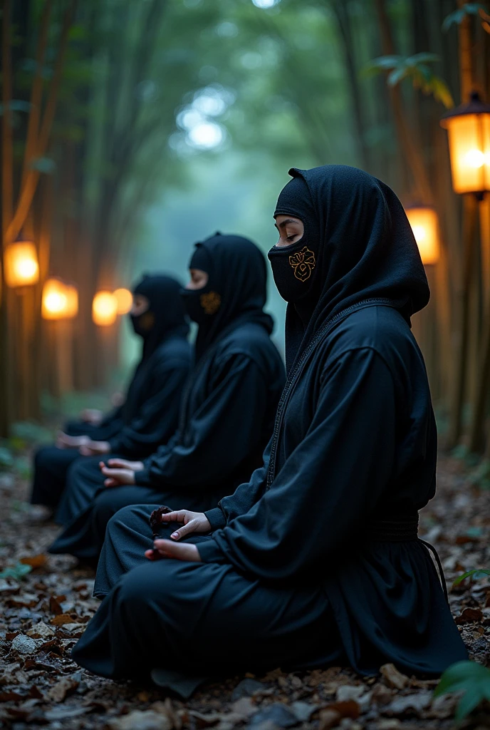 Masked Japanese ninja in ninja uniform meditating with other ninjas at night
