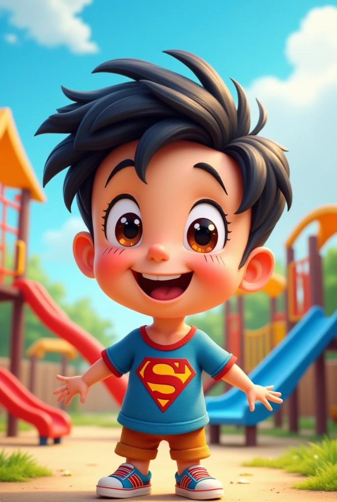 Happy boy child with brown eyes, Caucasian skin, black hair in cartoon