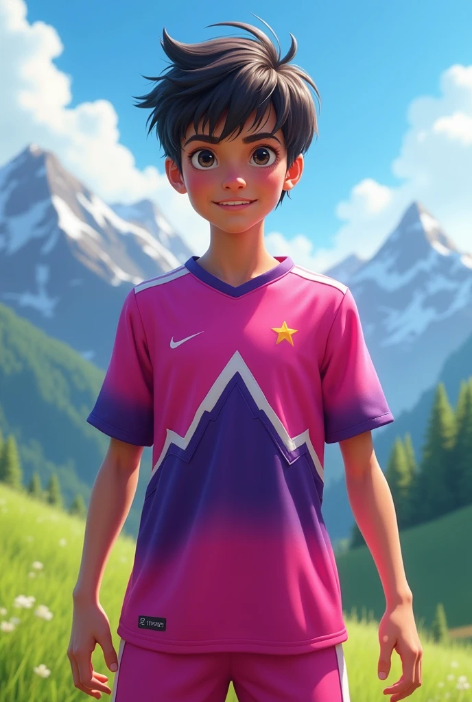 Full pink and purple soccer uniform with a mountain shape 
