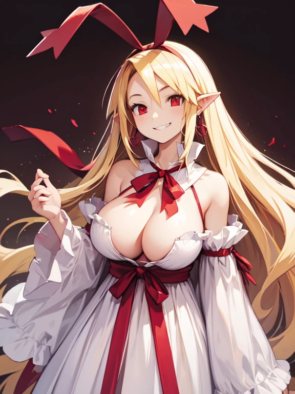 flonne \(angel\), long hair, large breasts, red ribbon, red eyes, pointy ears, earrings, arrogant face, evil smile. smirk, breast focus