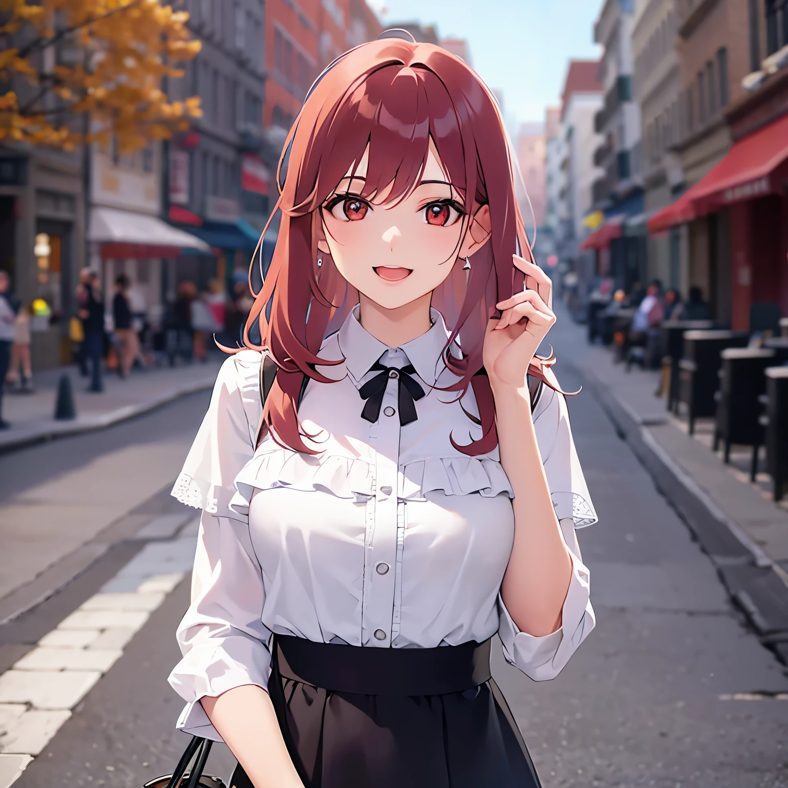 hand up, Biologically correct five fingers、Realistic, real person, RAW photo, photorealistic, portrait photography, shiny skin, 25-year-old woman、(Medium Hair) and (red hair) and (red eyes), Wearing a white ruffled blouse、smile, open mouth, The background is a park、Alone、Are standing