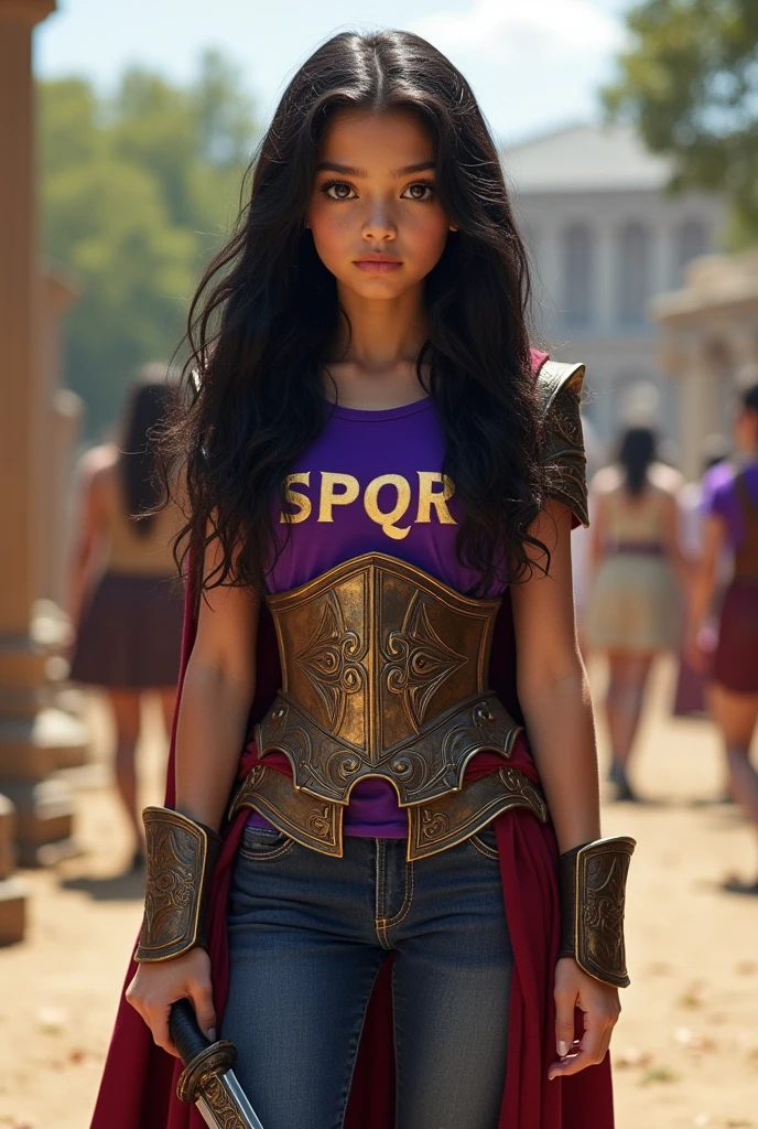 Create a white Hazel eyed girl with black wavy hair wearing jeans, a purple shirt written “spqr” in golden and a Roman armor, holding a black sword, she’s in camp Jupiter