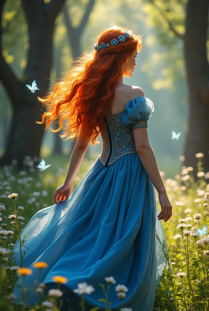 Redhead and blue eyes medieval girl wichi blue dress