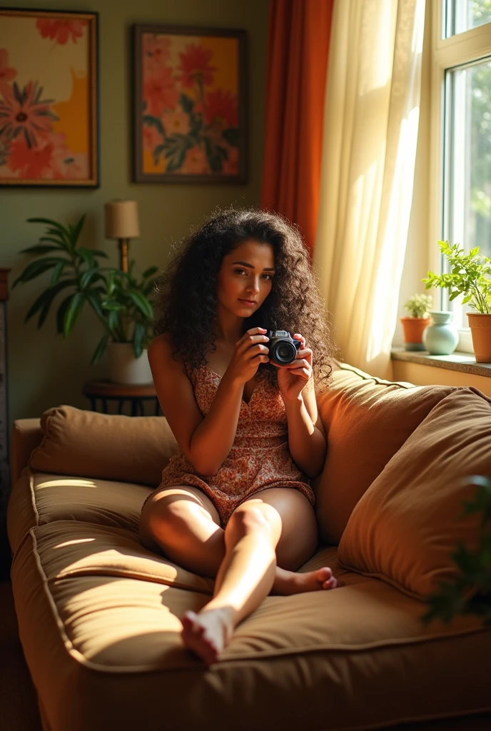 A brunette girl with curly hair and big breasts sits with her legs stretched out, taking a realistic photo