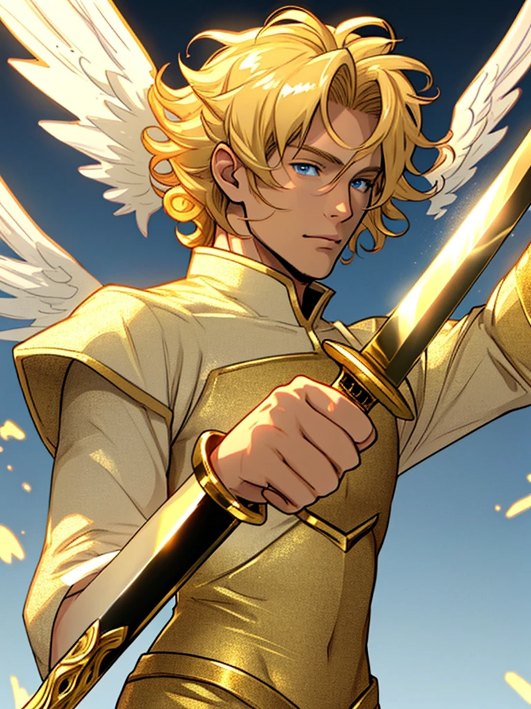 A handsome blond angel man with golden curly hair angel with golden sword